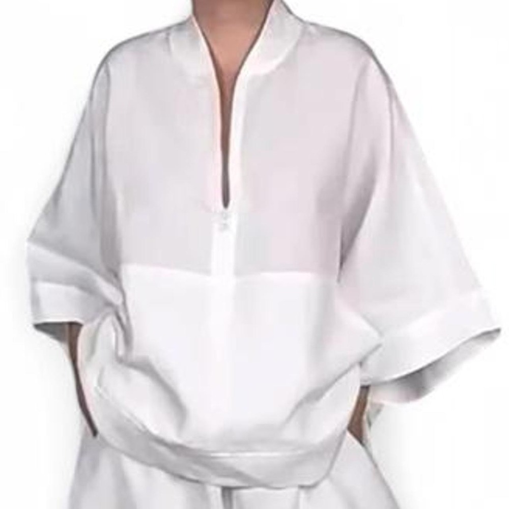 UOOZEE Long Sleeve Loose White Zipper V-Neck Shirt Top Chic Linen Blend Top